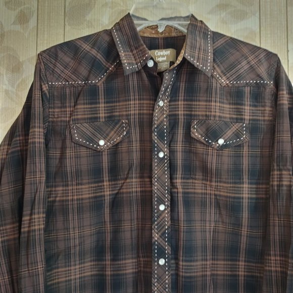 Cowboy Legend Brown Black Plaid Pearl Snap Button Rodeo Boys Western Shirt XL - Picture 2 of 9